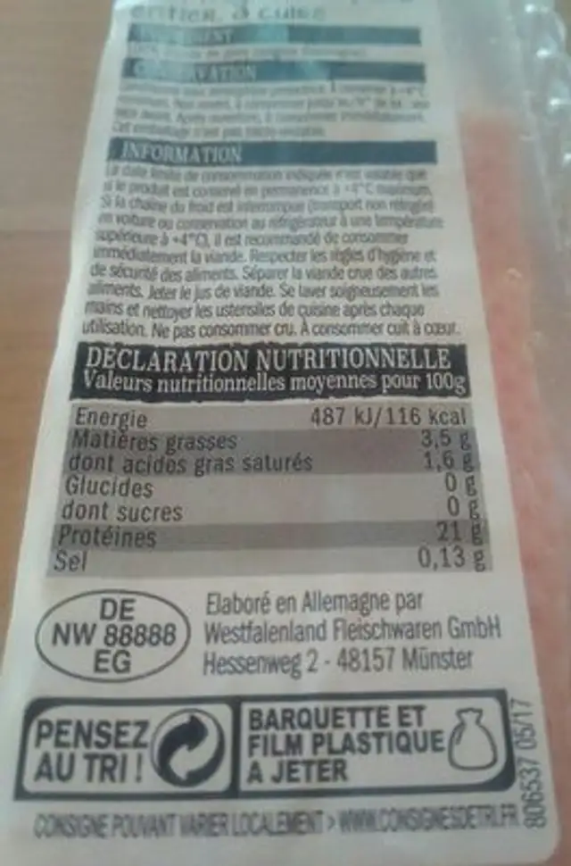 Filet mignon de porc ingredients label