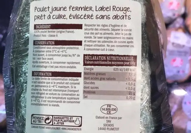 Poulet fermier eleve en plein air nutrition facts table