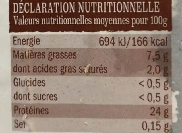 Poulet fermier jaune label rouge nutrition facts table