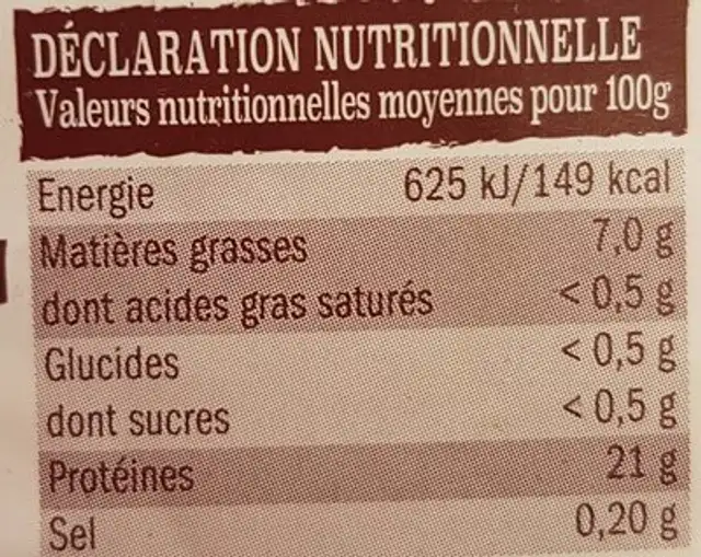 Poulet fermier élevé en plein air nutrition facts table