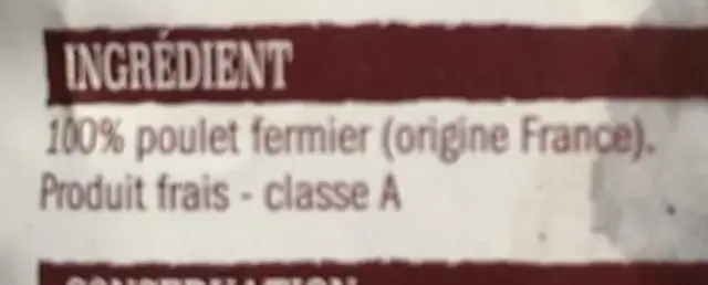 Poulet fermeir ingredients label