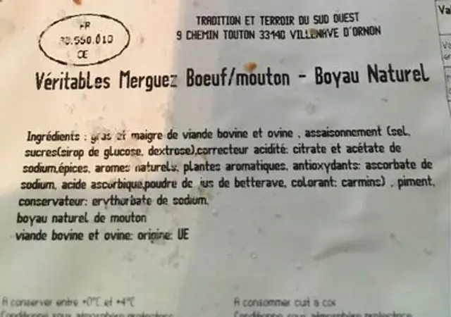 Veritables merguez boeuf mouton ingredients label