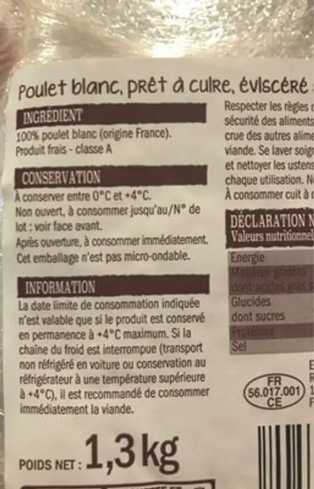 Poulet fermier blanc ingredients label