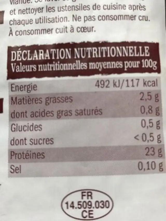 Poulet fermier nutrition facts table