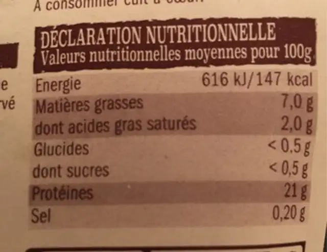 Poulet fermier nutrition facts table