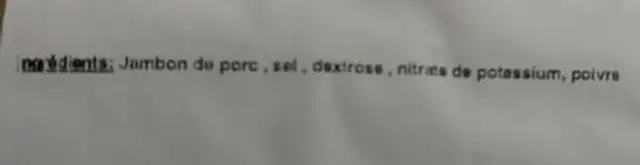 Jambon sec 1/6 Désossé ingredients label