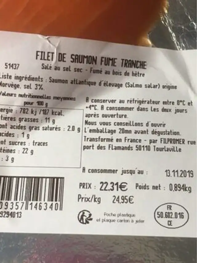 Filet de saumon fume tranche nutrition facts table