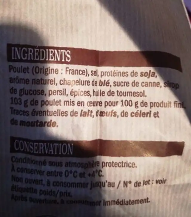 Poulet rôti ingredients label