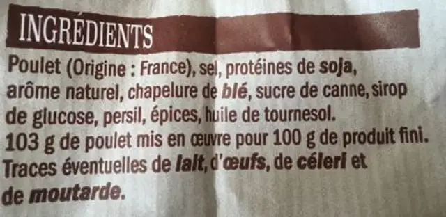 Poulet roti ingredients label