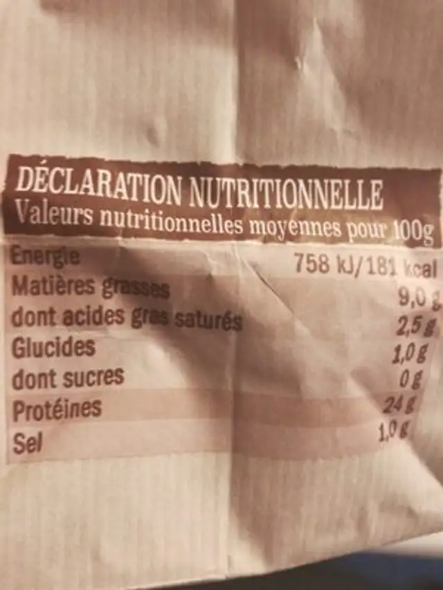 Poulet roti ingredients label