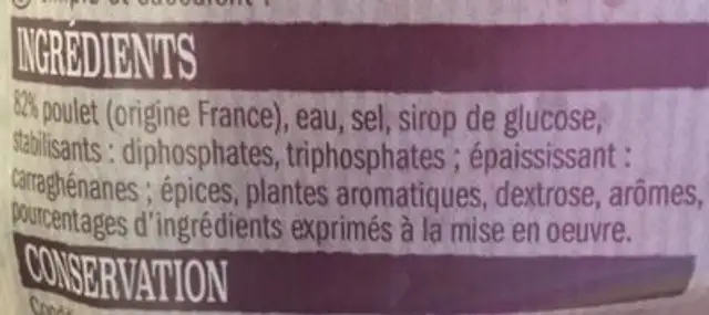 Poulet roti ingredients label