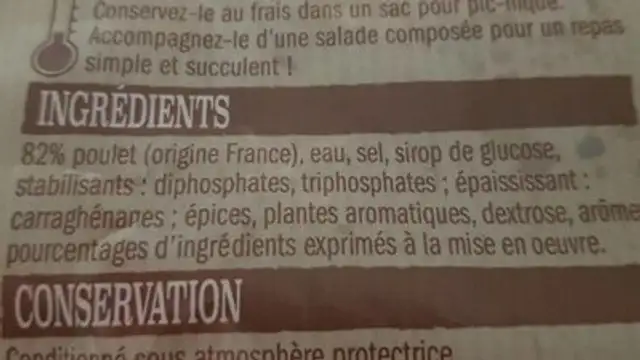 Poulet Rôti ingredients label