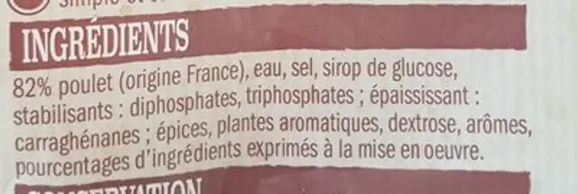 Poulet rôti traité en salaison ingredients label
