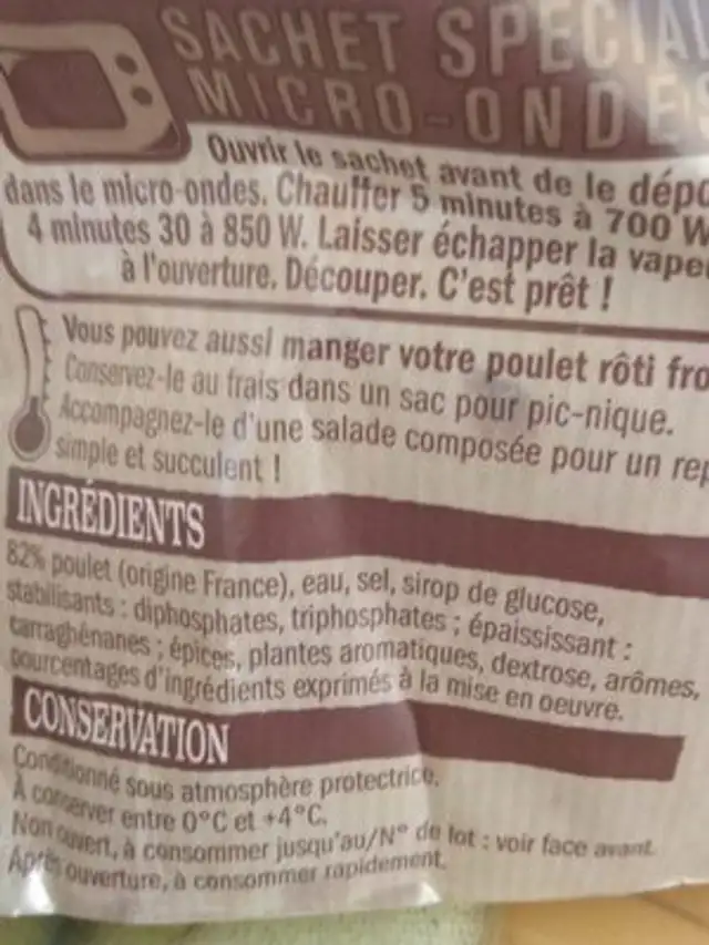 Poulet roti ingredients label