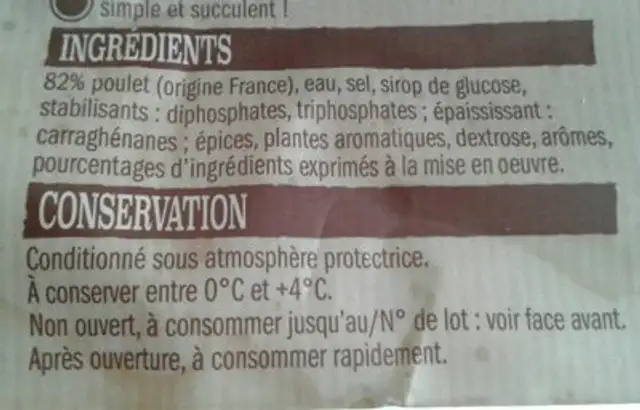 Poulet roti ingredients label
