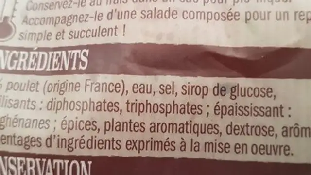 poulet  Roti ingredients label