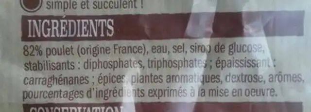 Poulet rôti en salaison ingredients label