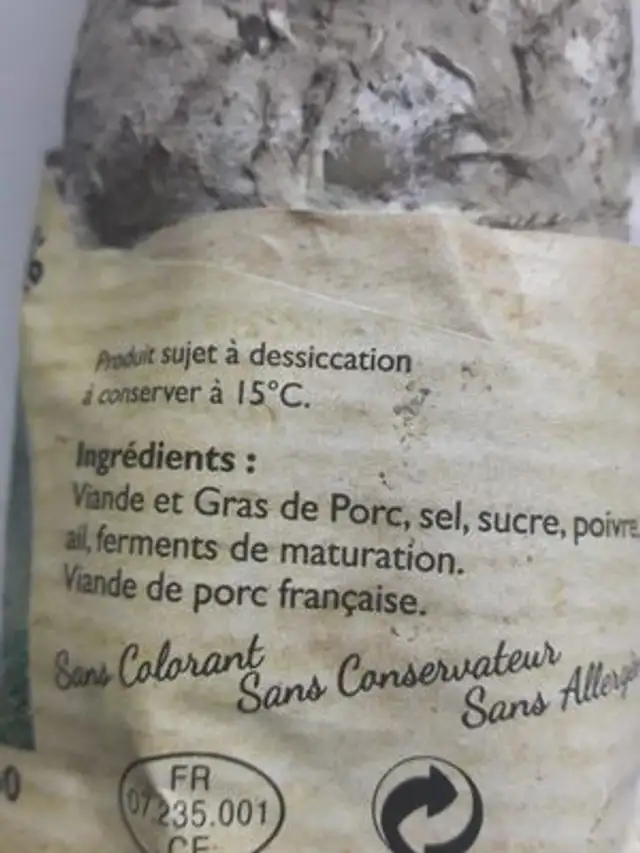 Saucisson artisanal de Ste Eulalie ingredients label