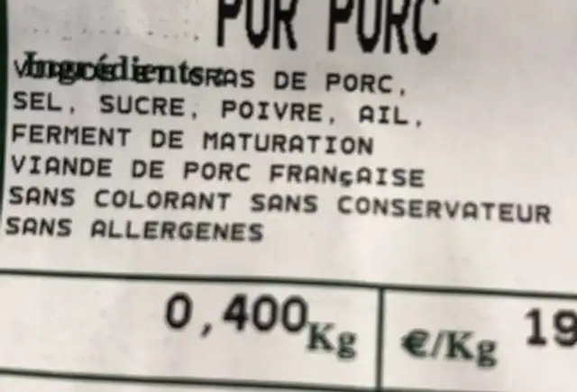 Saucisse sèche ingredients label