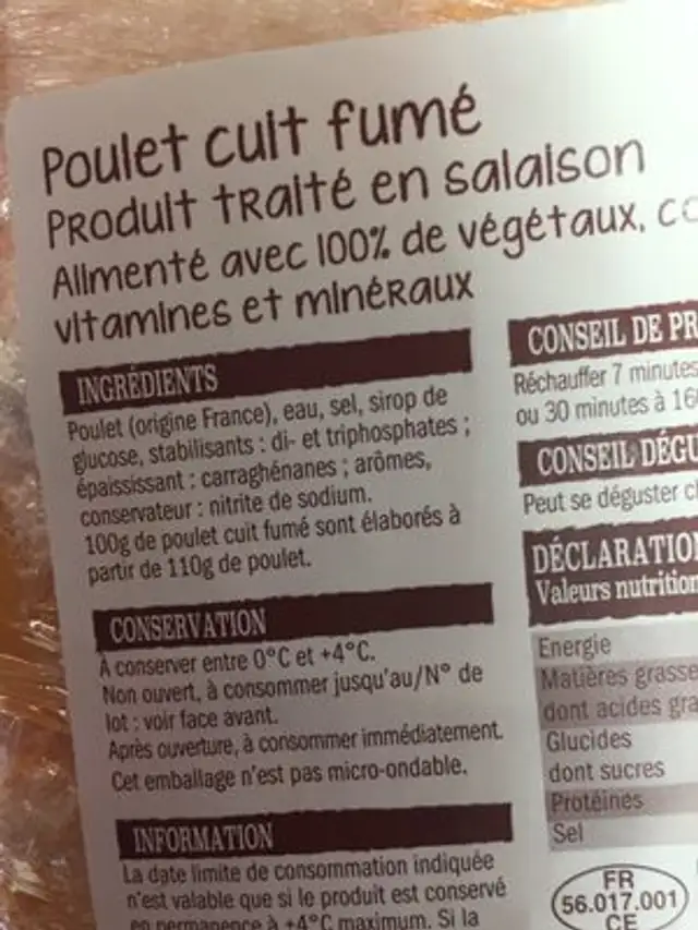 Poulet cuit fumé au bois de hêtre ingredients label
