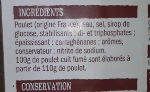 Poulet cuit ingredients label