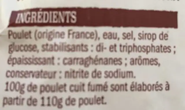 Poulet cuit fume traite en salaison ingredients label