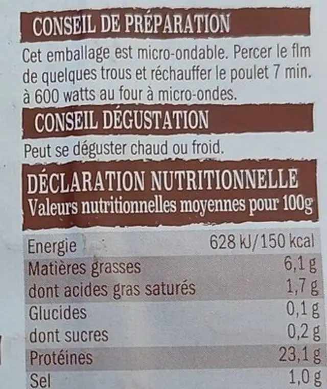 Poulet cuit fumé au bois de hêtre nutrition facts table