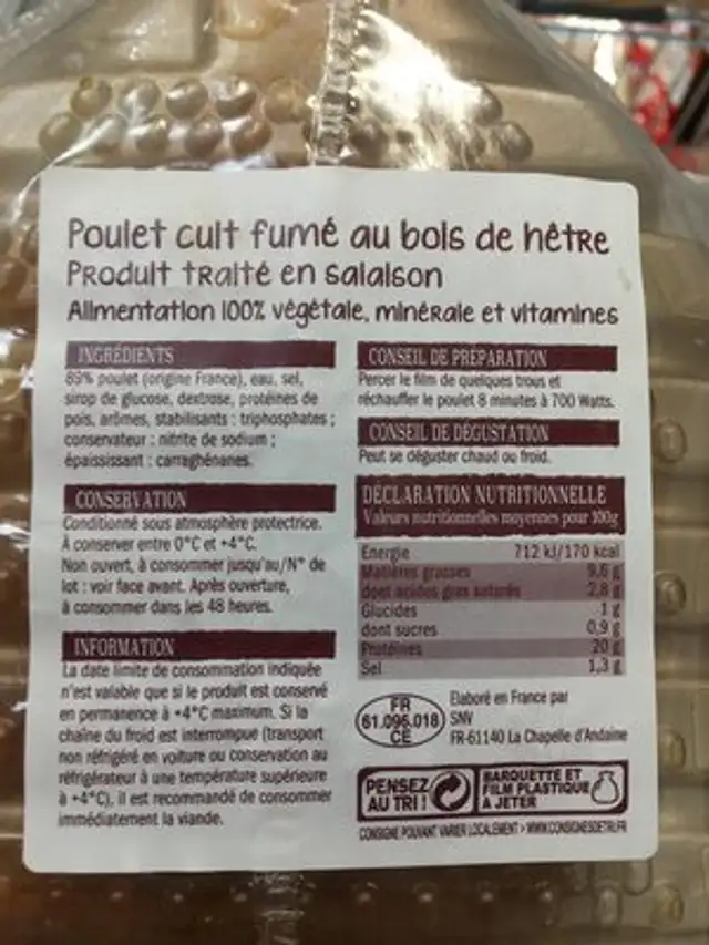 Poulet cuit ingredients label