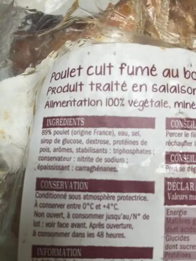 Poulet cuit ingredients label