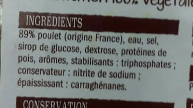 Poulet cuit fumé ingredients label