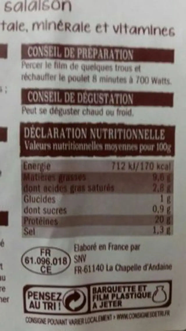 Poulet cuit fumé nutrition facts table