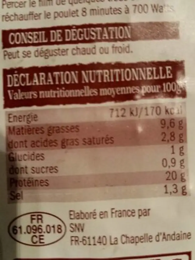 Poulet cuit fumé au bois de hetre nutrition facts table