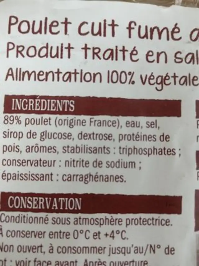 Poulet cuit fumé ingredients label
