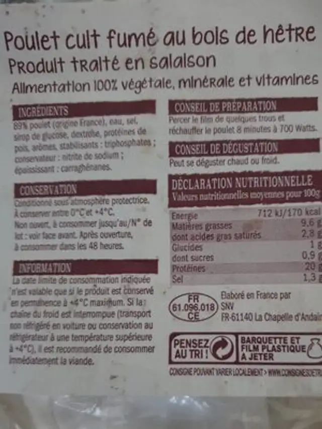 Poulet cuit fumé nutrition facts table