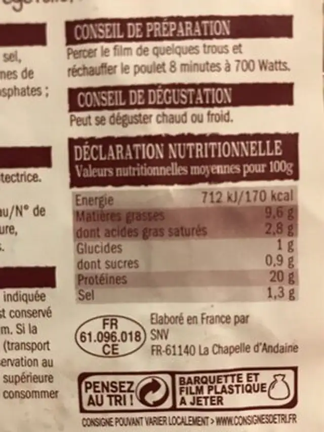 Poulet cuit fumé au boos de hêtre nutrition facts table