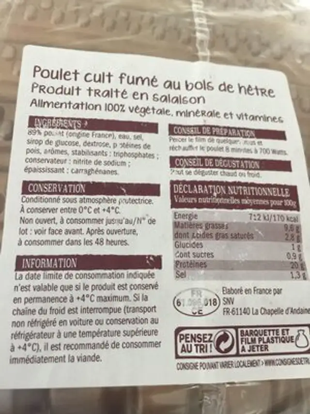 Poulet cuit fumé au bois de hetre ingredients label