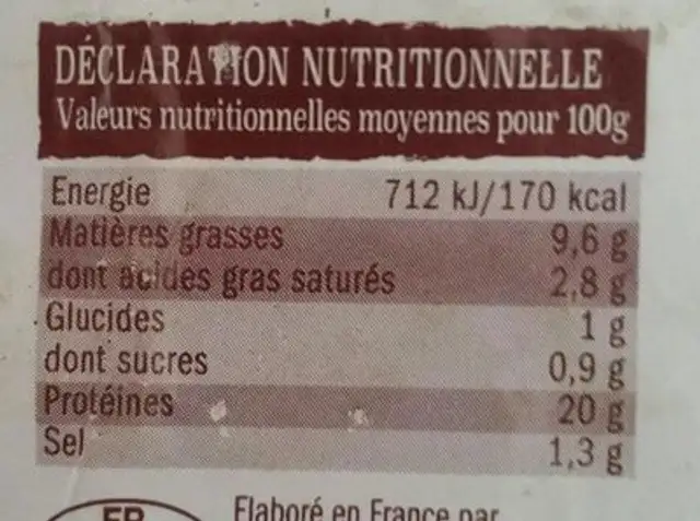 Poulet cuit fumé au bois de hêtre nutrition facts table