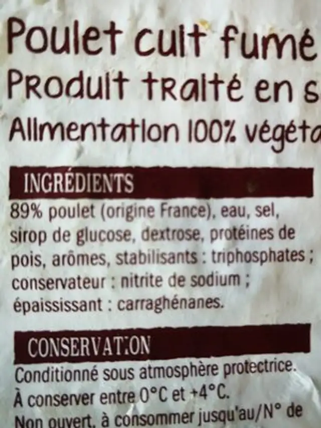Poulet cuit fumé bois de hêtre ingredients label