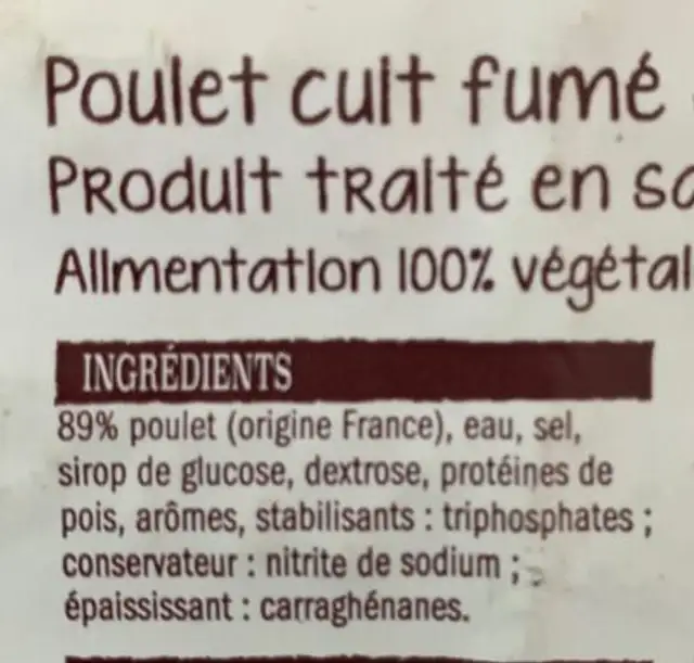 Poulet fume ingredients label