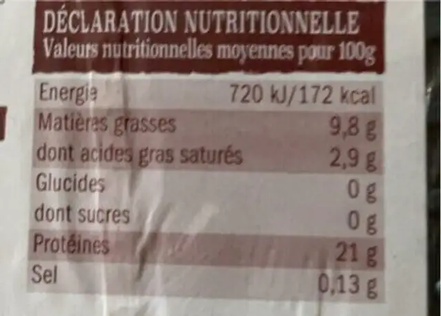 Poulet fermier jaune nutrition facts table