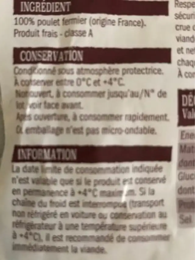 Poulet fermier jaune ingredients label