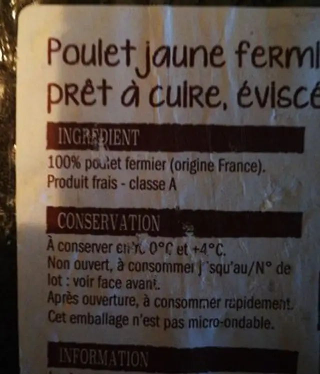 Poulet fermier jaune ingredients label