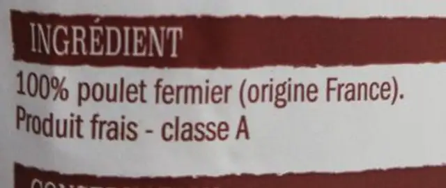 Poulet fermier ingredients label