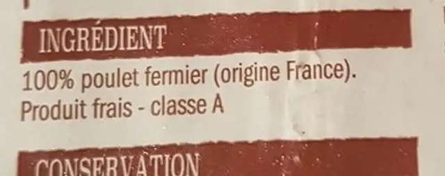 Poulet jaune fermier label rouge ingredients label