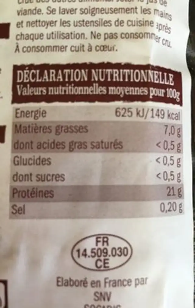 Poulet ingredients label