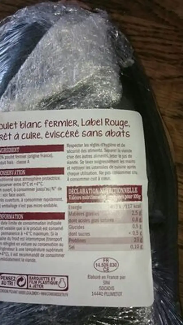 Poulet fermier blanc ingredients label