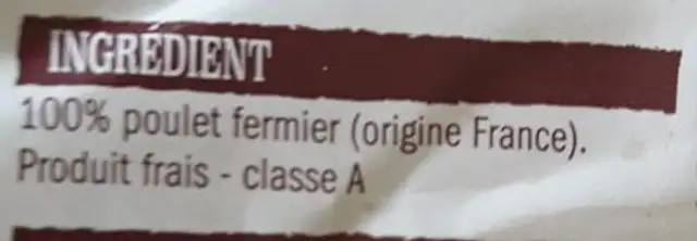 Poulet jaune ingredients label