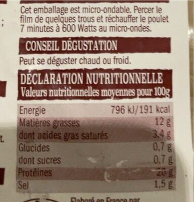 Poulet cuit nutrition facts table