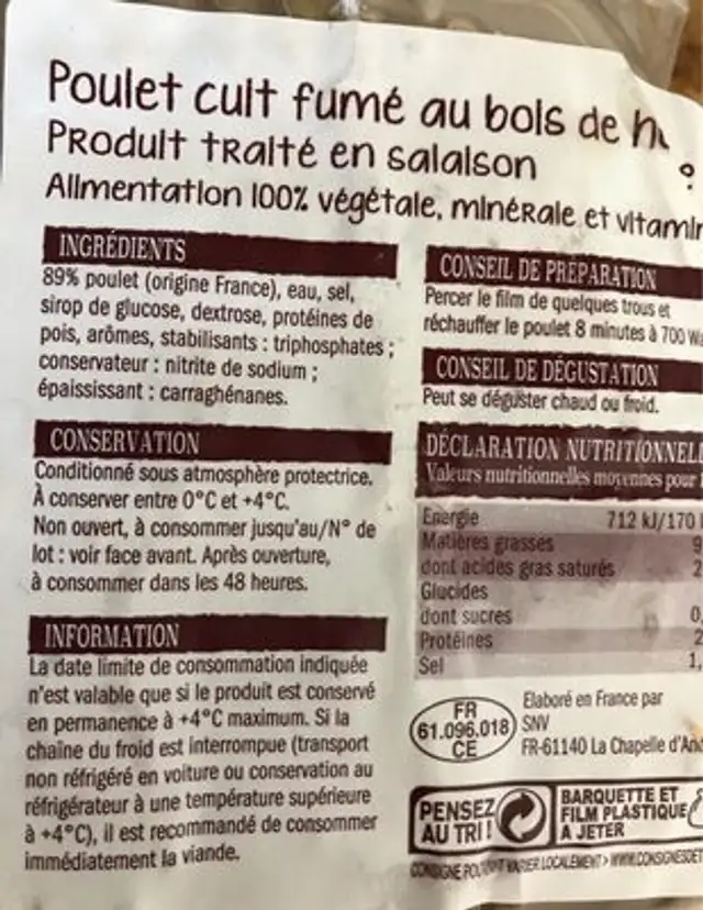 Poulet cuit fumé au bois de hêtre ingredients label