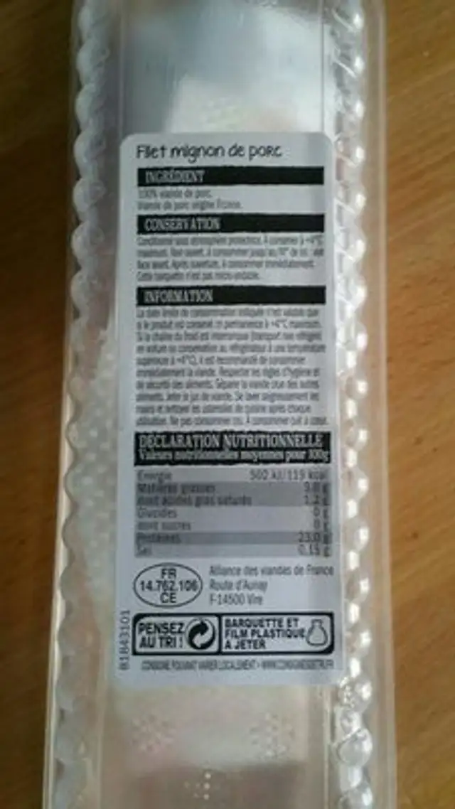Filet mignon de porc ingredients label